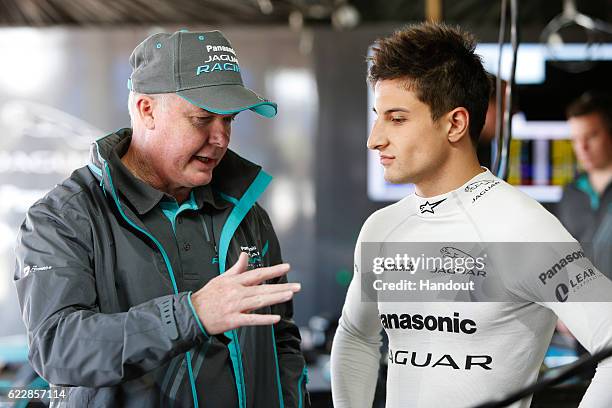 In this handout image supplied by Panasonic Jaguar Racing, Craig Wilson and Mitch Evans , Jaguar Racing, during the Marrakesh ePrix, second round of...