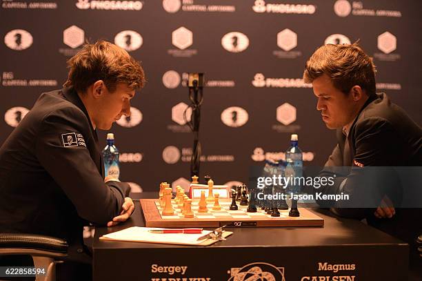 Reigning Chess Champion Magnus Carlsen and Chess grandmaster Sergey Karjakin during the game at 2016 World Chess Championship at Fulton Market...