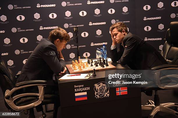 Reigning Chess Champion Magnus Carlsen and Chess grandmaster Sergey Karjakin during the game at 2016 World Chess Championship at Fulton Market...