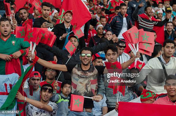 Moroccan fans show their support prior to the 2018 World Cup qualifying Group C football match between Morocco and Ivory Coast at Marrakesh Stadium...