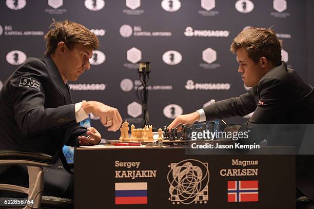 Reigning Chess Champion Magnus Carlsen and Chess grandmaster Sergey Karjakin during the game at 2016 World Chess Championship at Fulton Market...