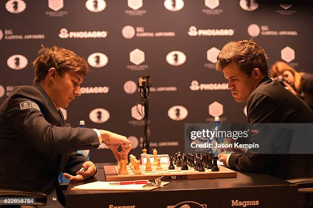 Reigning Chess Champion Magnus Carlsen and Chess grandmaster Sergey Karjakin during the game at 2016 World Chess Championship at Fulton Market...