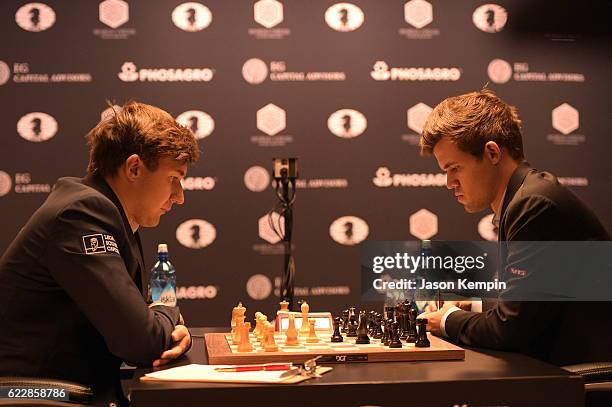 Reigning Chess Champion Magnus Carlsen and Chess grandmaster Sergey Karjakin during the game at 2016 World Chess Championship at Fulton Market...