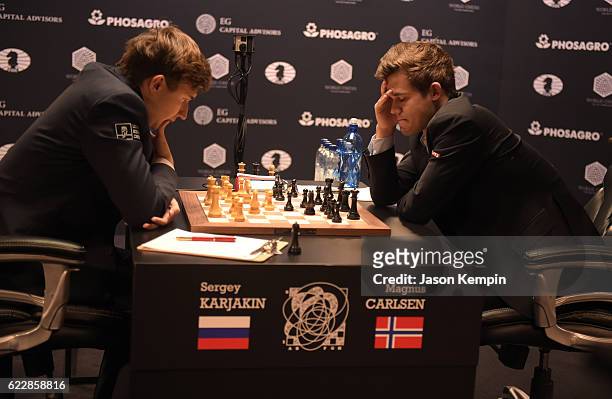 Reigning Chess Champion Magnus Carlsen and Chess grandmaster Sergey Karjakin during the game at 2016 World Chess Championship at Fulton Market...