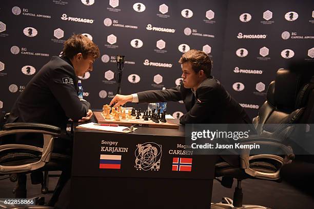 Reigning Chess Champion Magnus Carlsen and Chess grandmaster Sergey Karjakin during the game at 2016 World Chess Championship at Fulton Market...