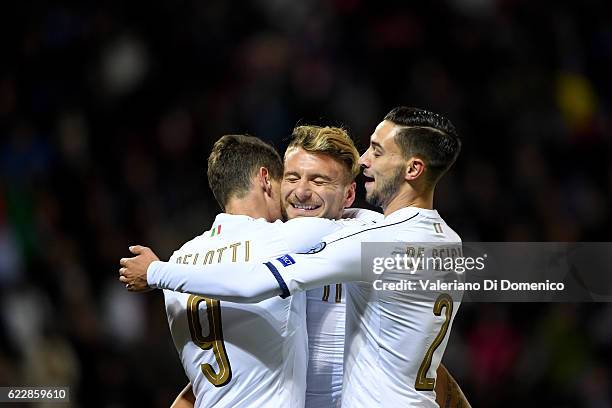 Ciro Immobile of Italy celebrates with teammates Andrea Belotti and Mattia De Sciglio during the FIFA 2018 World Cup Qualifier between Liechtenstein...