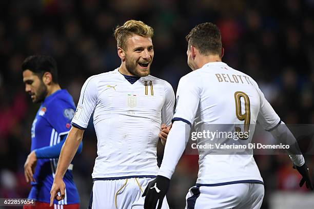 Ciro Immobile of Italy celebrates with teammate Andrea Belotti the second goal during the FIFA 2018 World Cup Qualifier between Liechtenstein and...