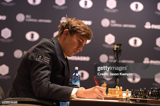 Chess grandmaster Sergey Karjakin reacts during the game against Reigning Chess Champion Magnus Carlsen at 2016 World Chess Championship at Fulton...