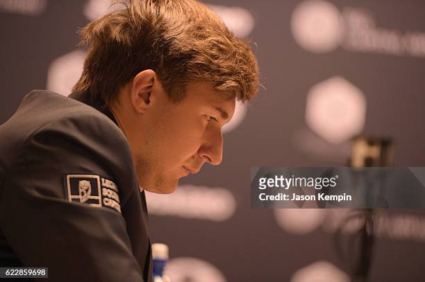 Chess grandmaster Sergey Karjakin reacts during the game against Reigning Chess Champion Magnus Carlsen at 2016 World Chess Championship at Fulton...