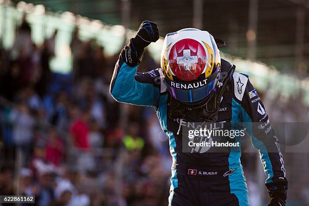 In this handout image supplied by Formula E, Sebastien Buemi , Renault e.Dams, Spark-Renault, Renault Z.E 16 during the FIA Formula E Championship...