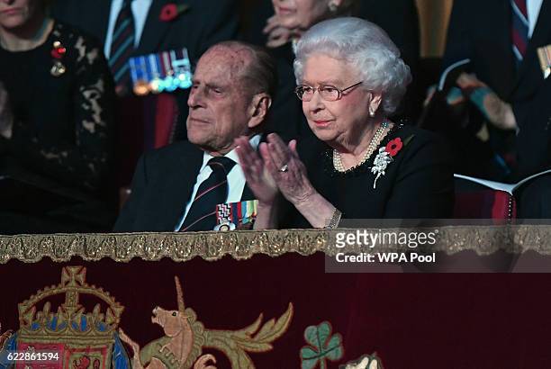 Queen Elizabeth II and Prince Philip, Duke of Edinburgh attend the annual Royal Festival of Remembrance at the Royal Albert Hall on November 12, 2016...