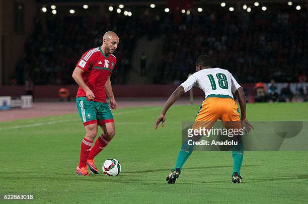 Nordin Amrabat of Morocco vies with Adama Traoré of Ivory Coast during the 2018 World Cup qualifying Group C football match between Morocco and Ivory...