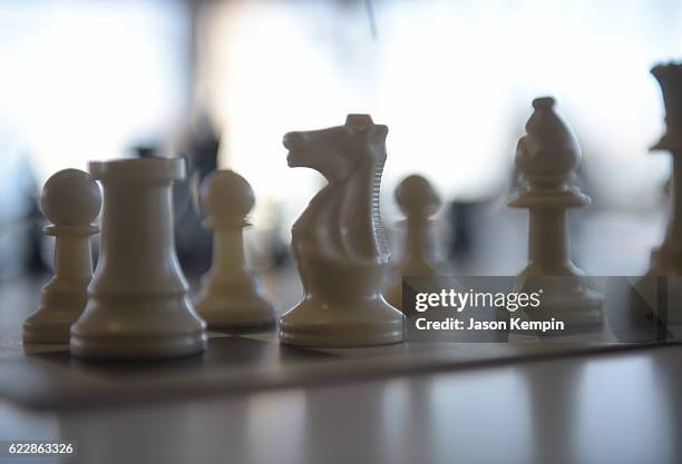 Chess board during 2016 World Chess Championship at Fulton Market Building on November 12, 2016 in New York City.