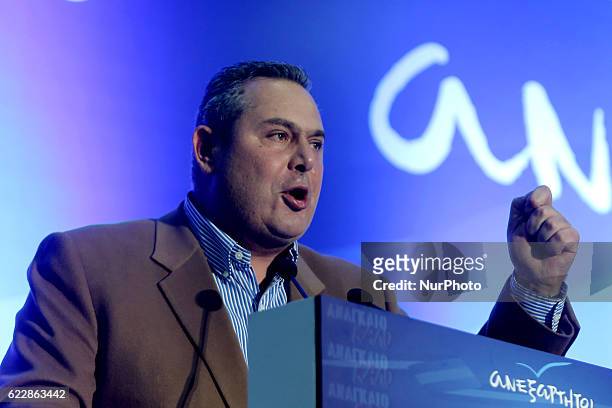 President of the government's junior coalition member Independent Greeks and Greek Defense Minister Panos Kammenos delivers a speech the second day...