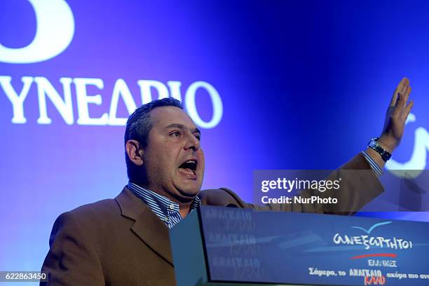 President of the government's junior coalition member Independent Greeks and Greek Defense Minister Panos Kammenos delivers a speech the second day...