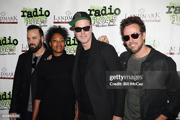 Jeremy Ruzumna, Noelle Scaggs, Michael Fitzpatrick and Joe Karnes of the band Fitz And The Tantrums pose at Radio 104.5 Performance Theater November...