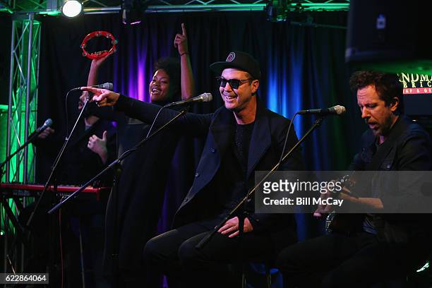 Jeremy Ruzumna, Noelle Scaggs, Michael Fitzpatrick and Joe Karnes of the band Fitz And The Tantrums perform at Radio 104.5 Performance Theater...