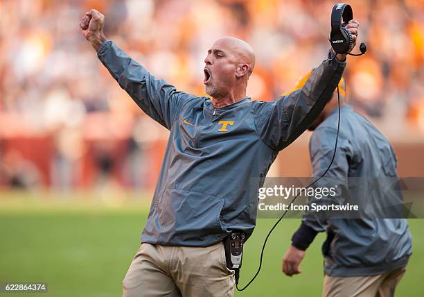 Tennessee defensive backs coach Willie Martinez celebrates after a stop during a game between the Kentucky Wildcats and Tennessee Volunteers on...