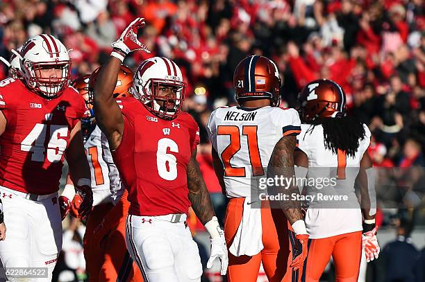 Corey Clement of the Wisconsin Badgers reacts to a touchdown during the first half of a game against the Illinois Fighting Illini at Camp Randall...