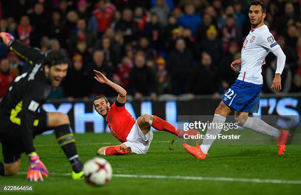 Goalkepeer Vladimir Stojkovic of Serbia watches the attempt on goal of Gareth Bale of Wales hit the post during the FIFA 2018 World Cup Qualifier...