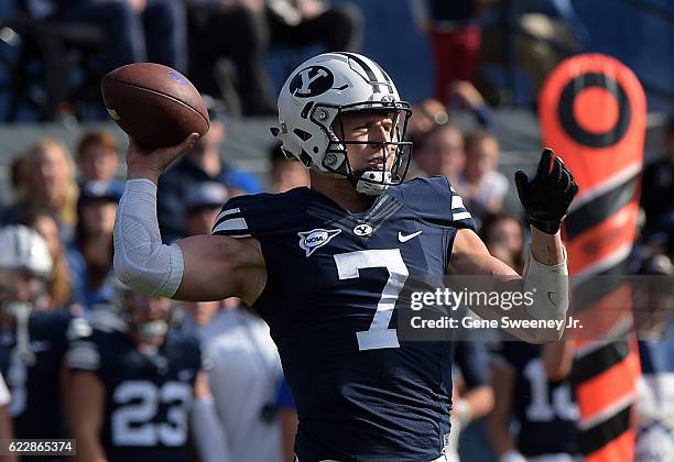 Quarterback Taysom Hill of the Brigham Young Cougars looks to pass the ball in the first half against the Southern Utah Thunderbirds at LaVell...