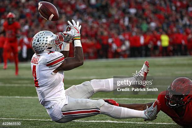 Curtis Samuel of the Ohio State Buckeyes cannot make a catch in front of defensive back Alvin Hill of the Maryland Terrapins during the second...