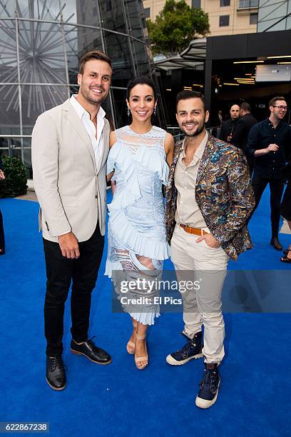 Tyler De Nawi, Kat Hoyos, Beau Ryan poses during the Channel Nine Up fronts at The Star on November 8, 2016 in Sydney, Australia.