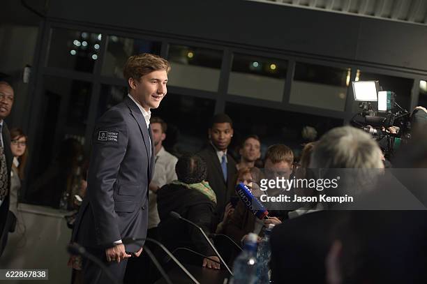 Chess grandmaster Sergey Karjakin speaks during the press conference after a draw at 2016 World Chess Championship at Fulton Market Building on...