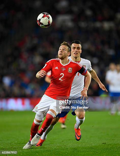 Wales defender Chris Gunter in action during the FIFA 2018 World Cup Qualifier between Wales and Serbia at Cardiff City Stadium on November 12, 2016...