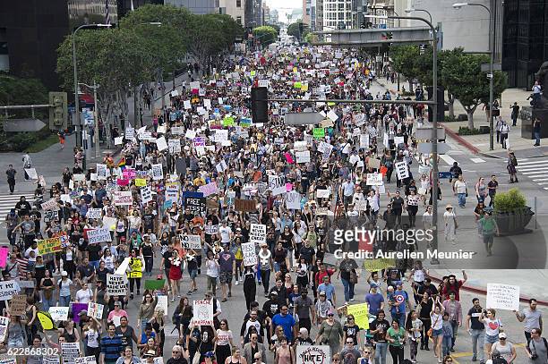 Thousands of people protest in the streets against President-elect Donald Trump on November 12, 2016 in Los Angeles, California. Republican Donald...