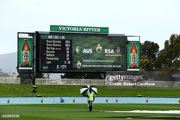 General view as rain delays play on day two of the Second Test match between Australia and South Africa at Blundstone Arena on November 13, 2016 in...