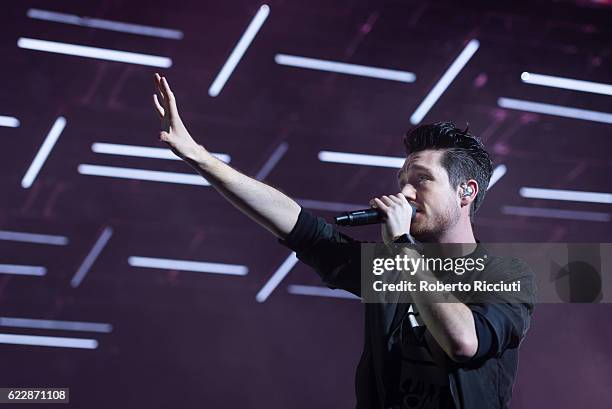 Dan Smith of Bastille performs on stage at The SSE Hydro on November 12, 2016 in Glasgow, Scotland.