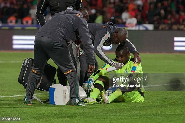 Badra Ali Sangare of Ivory Coast receives a treatment during the 2018 World Cup qualifying Group C football match between Morocco and Ivory Coast at...