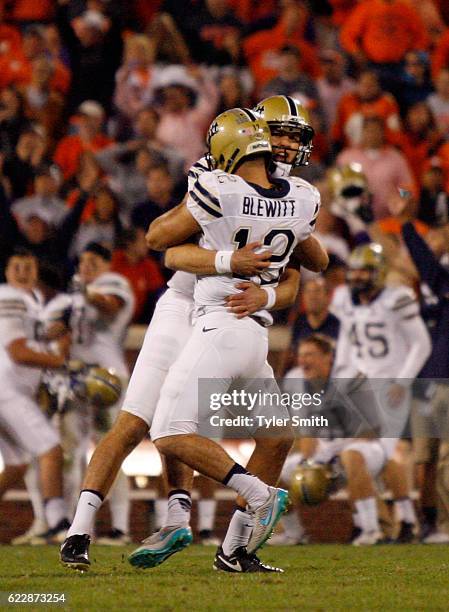 Chris Blewitt of the Pittsburgh Panthers reacts with teammates after kicking the game-winning field goal against the Clemson Tigers at Memorial...