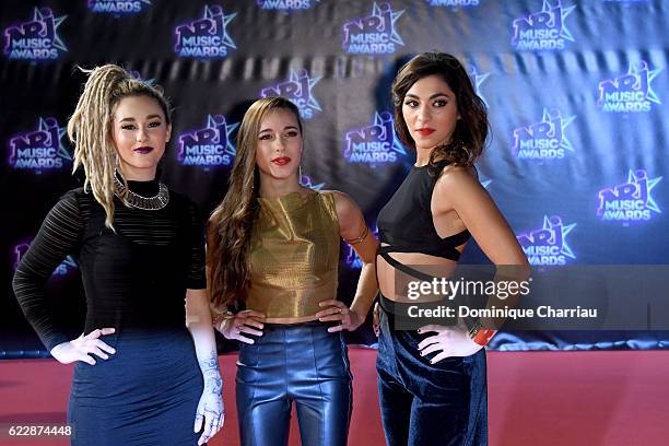 Members of band L.E.J Juliette Saumagne,Elisa Paris and Lucie Lebrun attend the Music Awards - Red Carpet Arrivals at Palais des Festivals on...