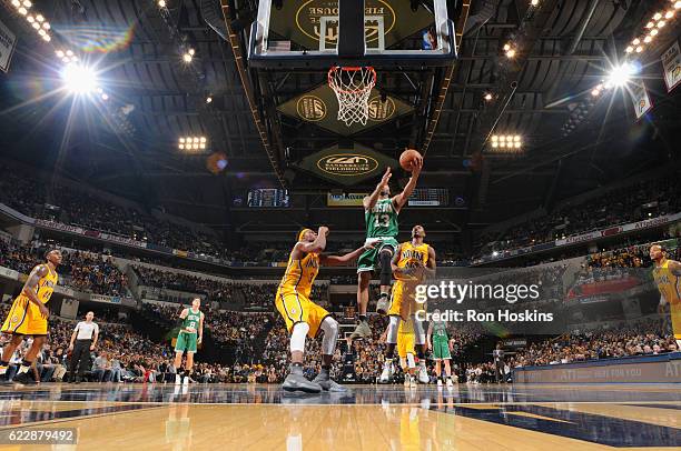 James Young of the Boston Celtics goes to the basket against the Indiana Pacers on November 12, 2016 at Bankers Life Fieldhouse in Indianapolis,...