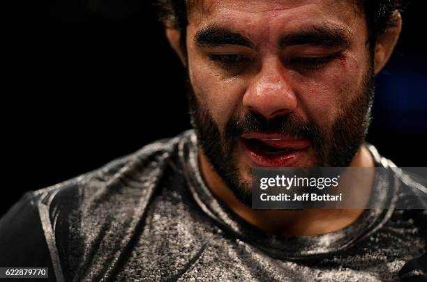 Rafael Natal of Brazil reacts after his KO loss to Tim Boetsch of the United States in their middleweight bout during the UFC 205 event at Madison...