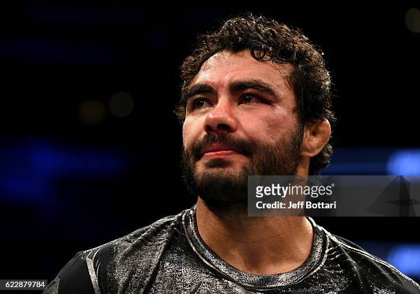 Rafael Natal of Brazil reacts after his KO loss to Tim Boetsch of the United States in their middleweight bout during the UFC 205 event at Madison...