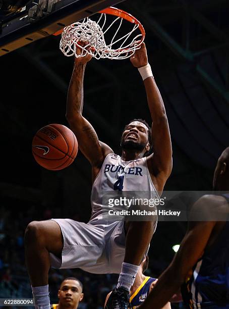 Tyler Wideman of the Butler Bulldogs dunks the ball against the Northern Colorado Bears at Hinkle Fieldhouse on November 12, 2016 in Indianapolis,...