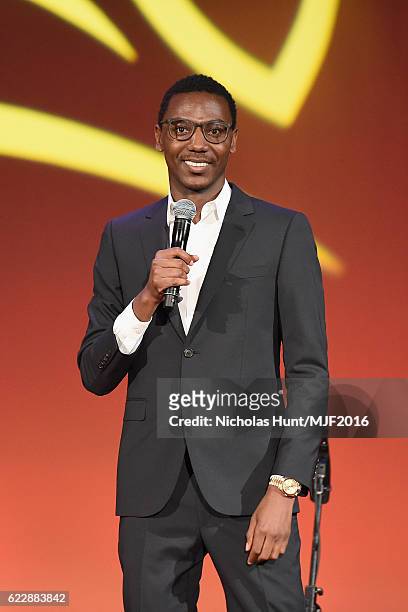 Actor Jerrod Carmichael speaks onstage at Michael J. Fox Foundation's 'A Funny Thing Happened On The Way To Cure Parkinson's' gala at The...