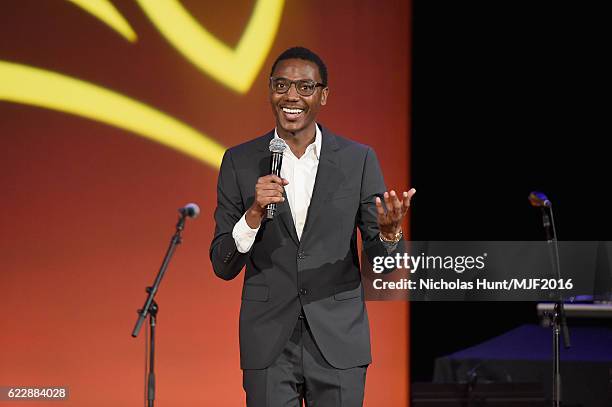 Actor Jerrod Carmichael speaks onstage at Michael J. Fox Foundation's 'A Funny Thing Happened On The Way To Cure Parkinson's' gala at The...