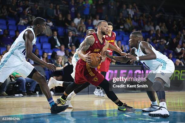 Trey Mckinney-Jones of the Fort Wayne Mad Ants tries to escape the defense against Mike Anderson the Greensboro Swarm during the game at the The...