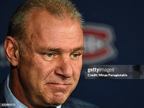 Head coach of the Montreal Canadiens Michel Therrien addresses the media after the NHL game against the Detroit Red Wings at the Bell Centre on...