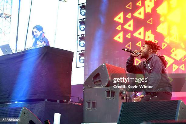 TOKiMONSTA and Isaiah Rashad perform on Camp Stage during day one of Tyler, the Creator's 5th Annual Camp Flog Gnaw Carnival at Exposition Park on...