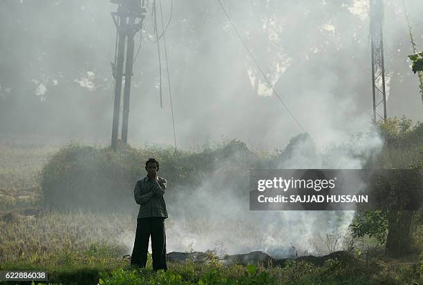 In this photograph taken on November 8 an Indian farmer Ishwar Singh looks on as stubble burns in his fields at Karnal, some 140kms north of New...