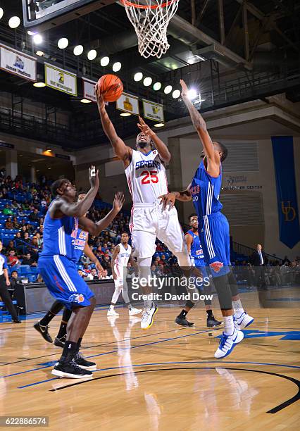 Dionte Christmas of the Delaware 87ers shoots the basketball against the Westchester Knicks during the game at the Bob Carpenter Center in Newark,...
