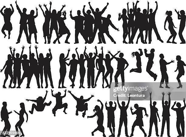 ilustraciones, imágenes clip art, dibujos animados e iconos de stock de grupos felices (las personas están separadas, completas, movibles y detalladas) - alzar la mano