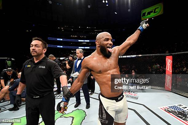 Yoel Romero of Cuba reacts after his KO victory over Chris Weidman of the United States in their middleweight bout during the UFC 205 event at...