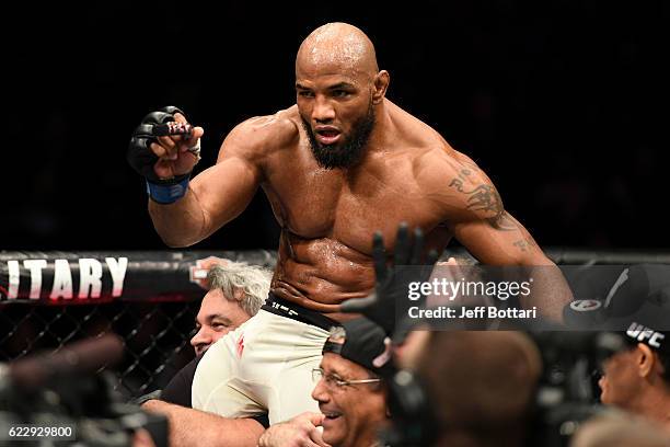 Yoel Romero of Cuba reacts after his KO victory over Chris Weidman of the United States in their middleweight bout during the UFC 205 event at...