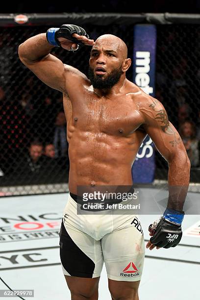Yoel Romero of Cuba salutes the crowd after his KO victory over Chris Weidman of the United States in their middleweight bout during the UFC 205...